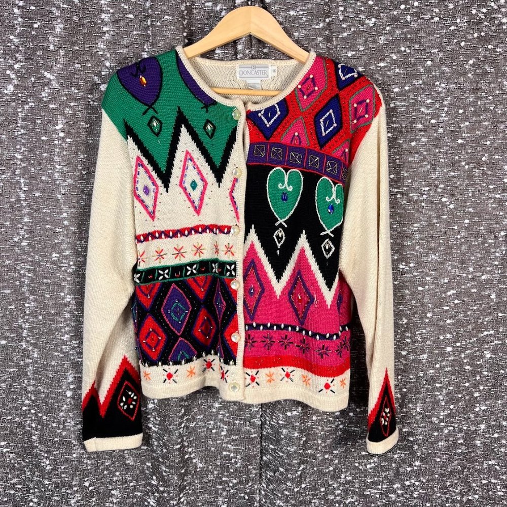 Doncaster Cream Beaded Abstract Cardigan Sweater‎